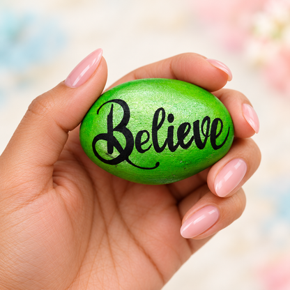Believe: Everyday Cheer: selected hand-painted pebble held in hand