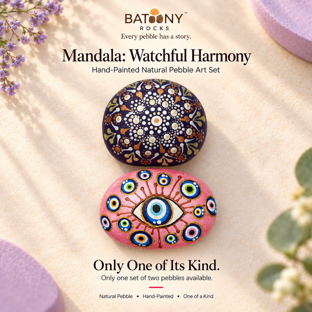 Mandala: Watchful Harmony: hand-painted pebble art displayed as a complete product