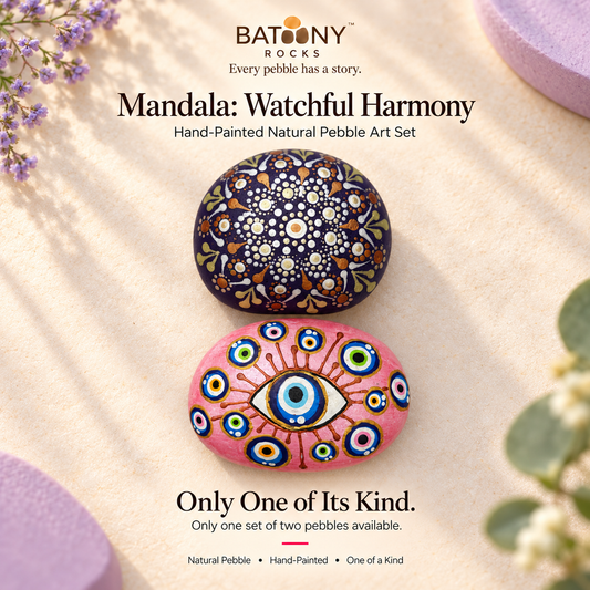 Mandala: Watchful Harmony: hand-painted pebble art displayed as a complete product