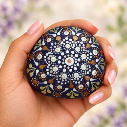Mandala: Watchful Harmony: selected hand-painted pebble held in hand