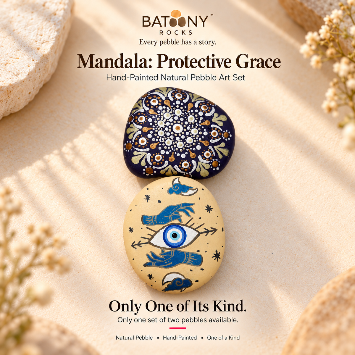 Mandala: Protective Grace: hand-painted pebble art displayed as a complete product