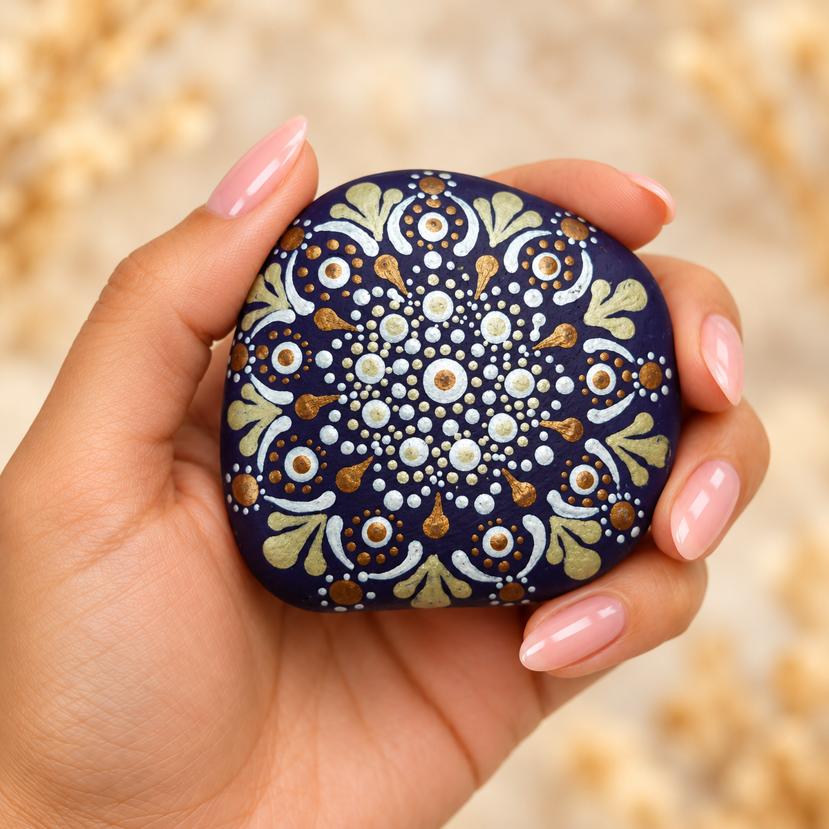 Mandala: Protective Grace: selected hand-painted pebble held in hand