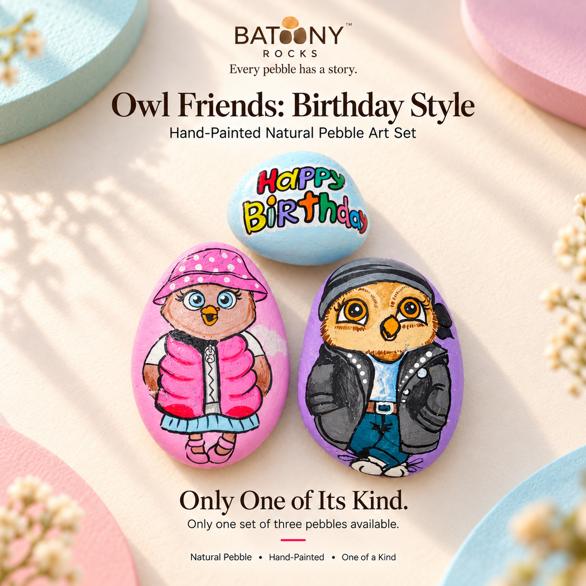Owl Friends: Birthday Style: hand-painted pebble art displayed as a complete product