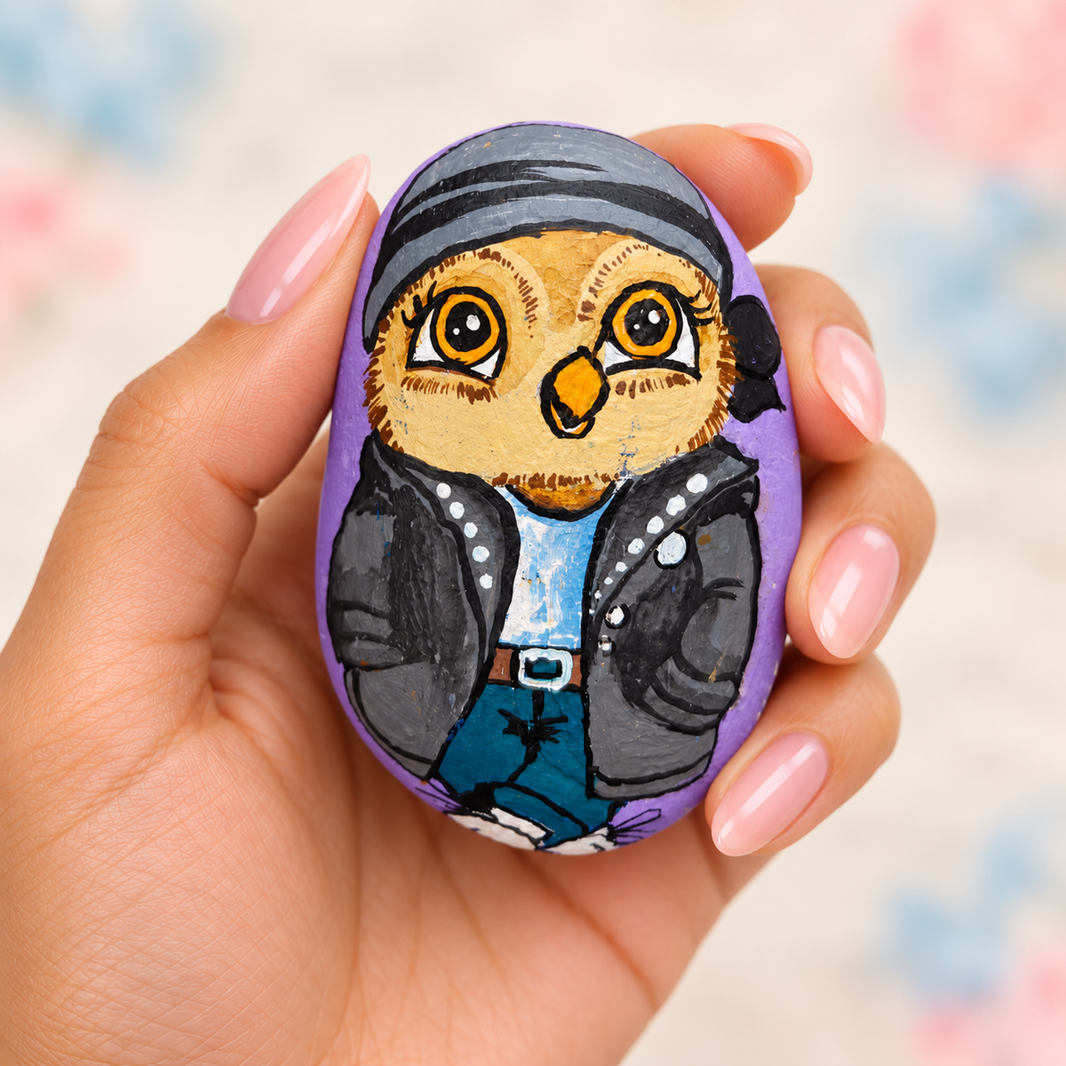 Owl Friends: Birthday Style: selected hand-painted pebble held in hand