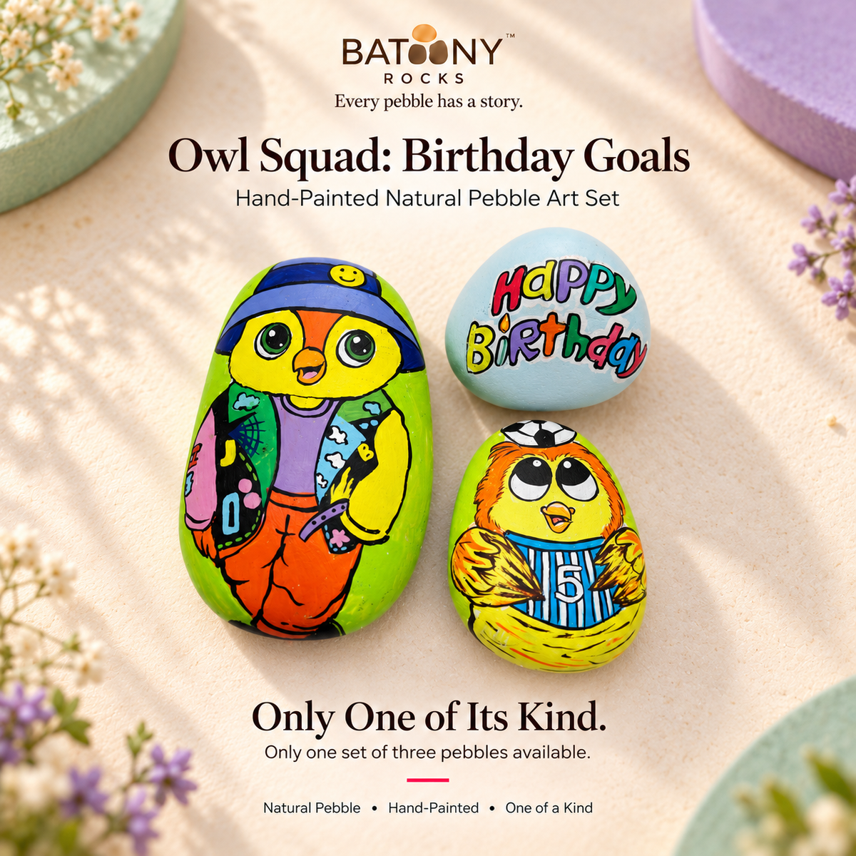 Owl Squad: Birthday Goals: hand-painted pebble art displayed as a complete product