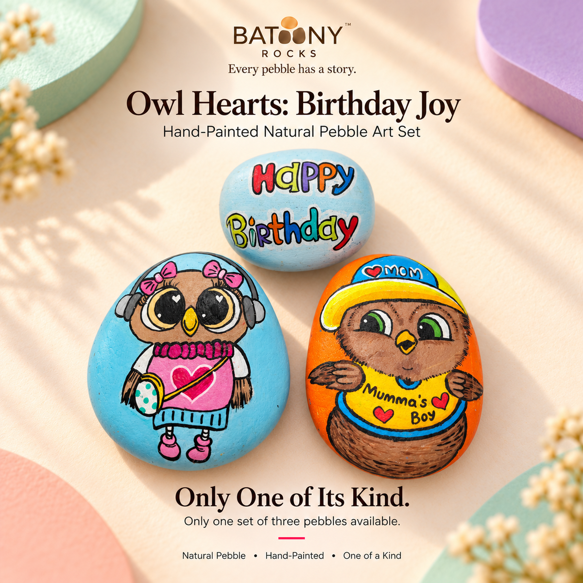 Owl Hearts: Birthday Joy: hand-painted pebble art displayed as a complete product