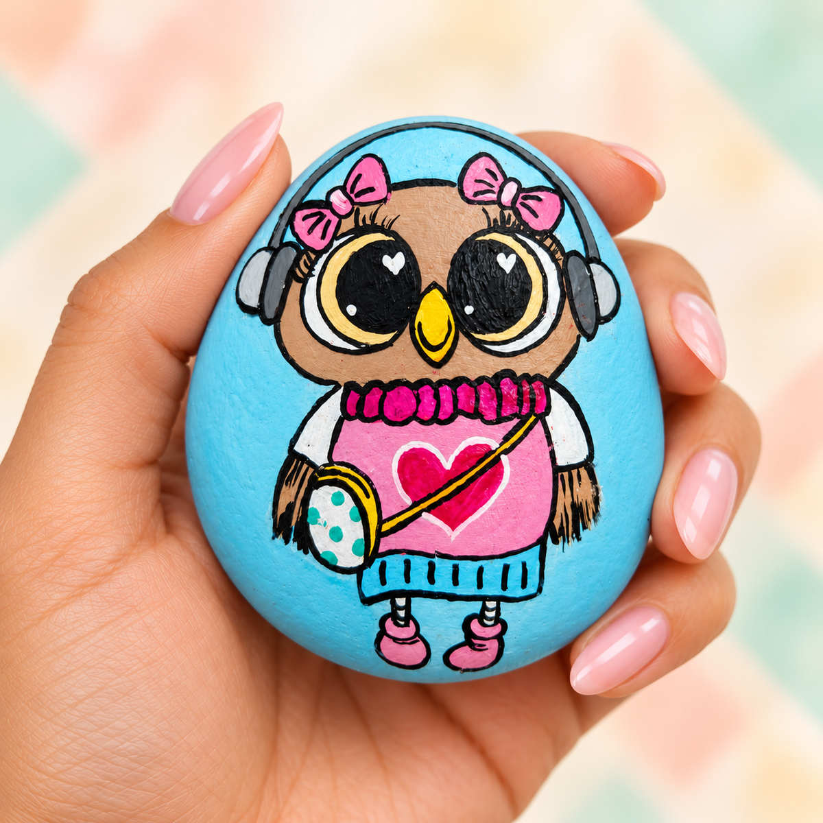 Owl Hearts: Birthday Joy: selected hand-painted pebble held in hand