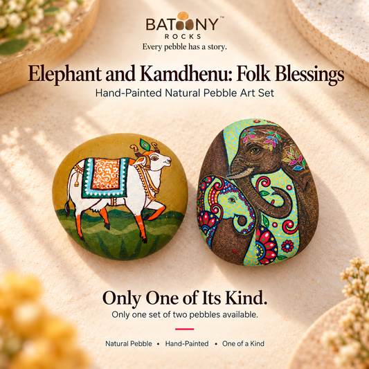 Elephant and Kamdhenu: Folk Blessings: hand-painted pebble art displayed as a complete product