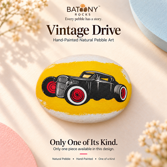 Vintage Drive: hand-painted pebble art displayed as a complete product