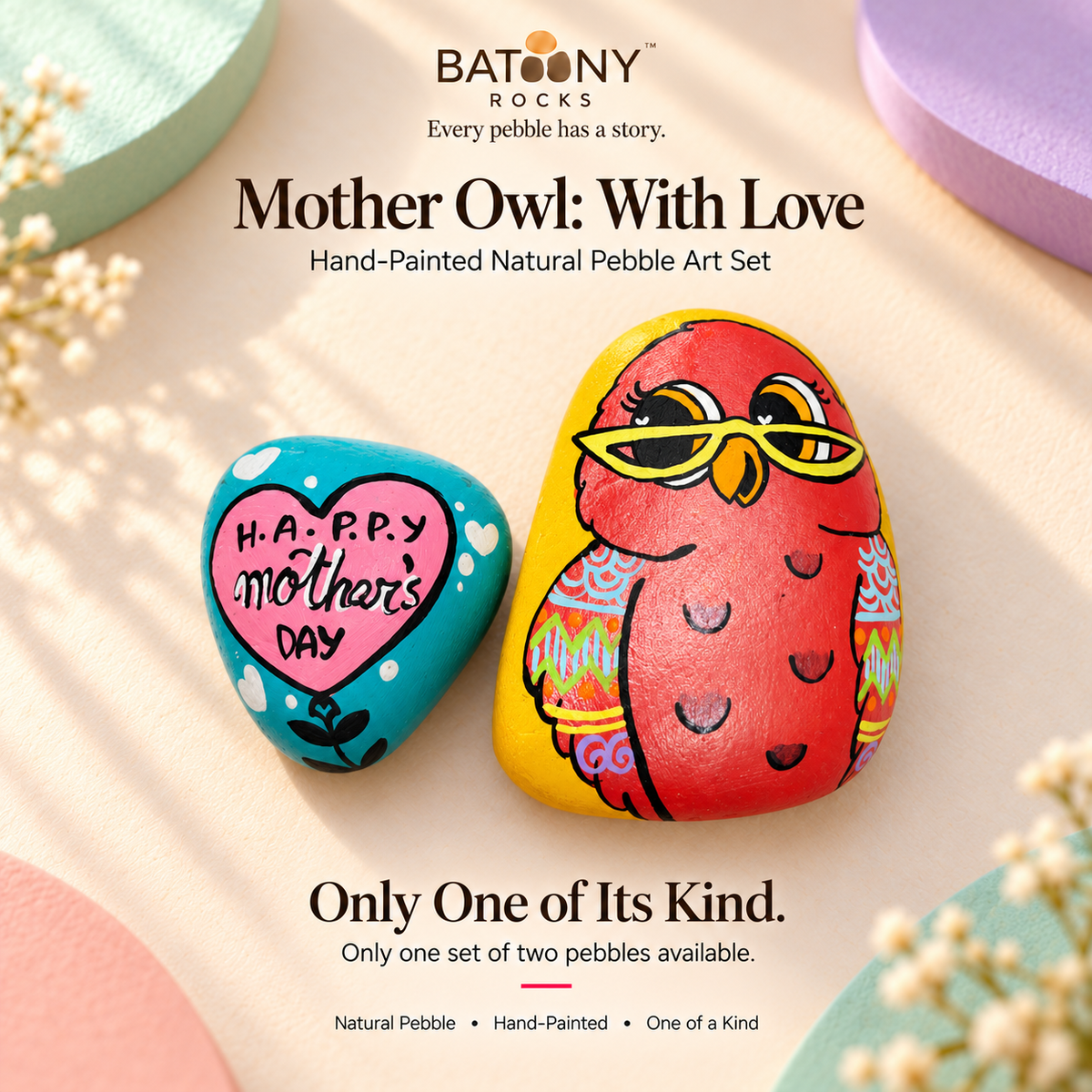 Mother Owl: With Love: hand-painted pebble art displayed as a complete product