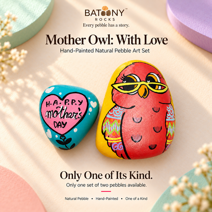 Mother Owl: With Love: hand-painted pebble art displayed as a complete product
