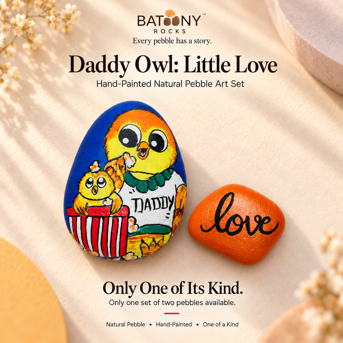 Daddy Owl: Little Love: hand-painted pebble art displayed as a complete product