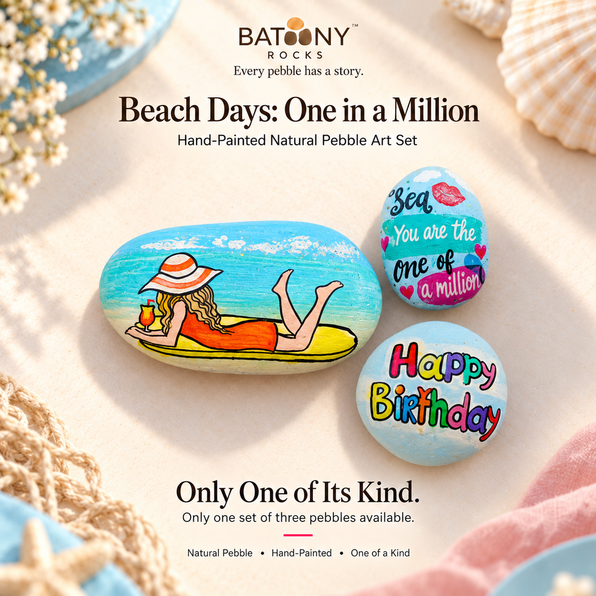 Beach Days: One in a Million: hand-painted pebble art displayed as a complete product