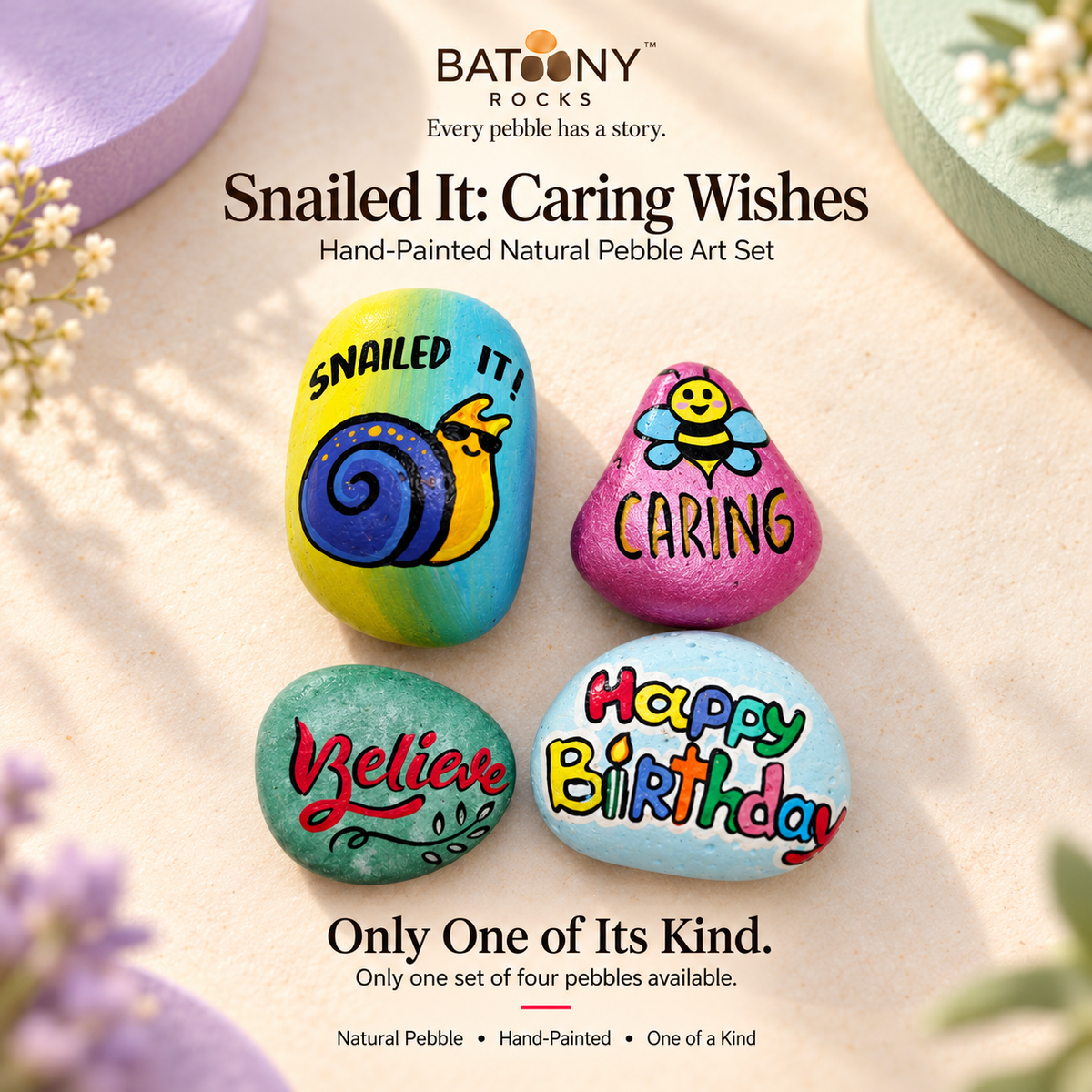 Snailed It: Caring Wishes: hand-painted pebble art displayed as a complete product