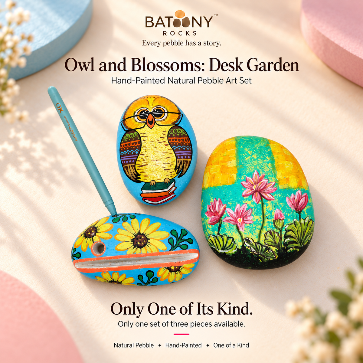 Owl and Blossoms: Desk Garden: hand-painted pebble art displayed as a complete product