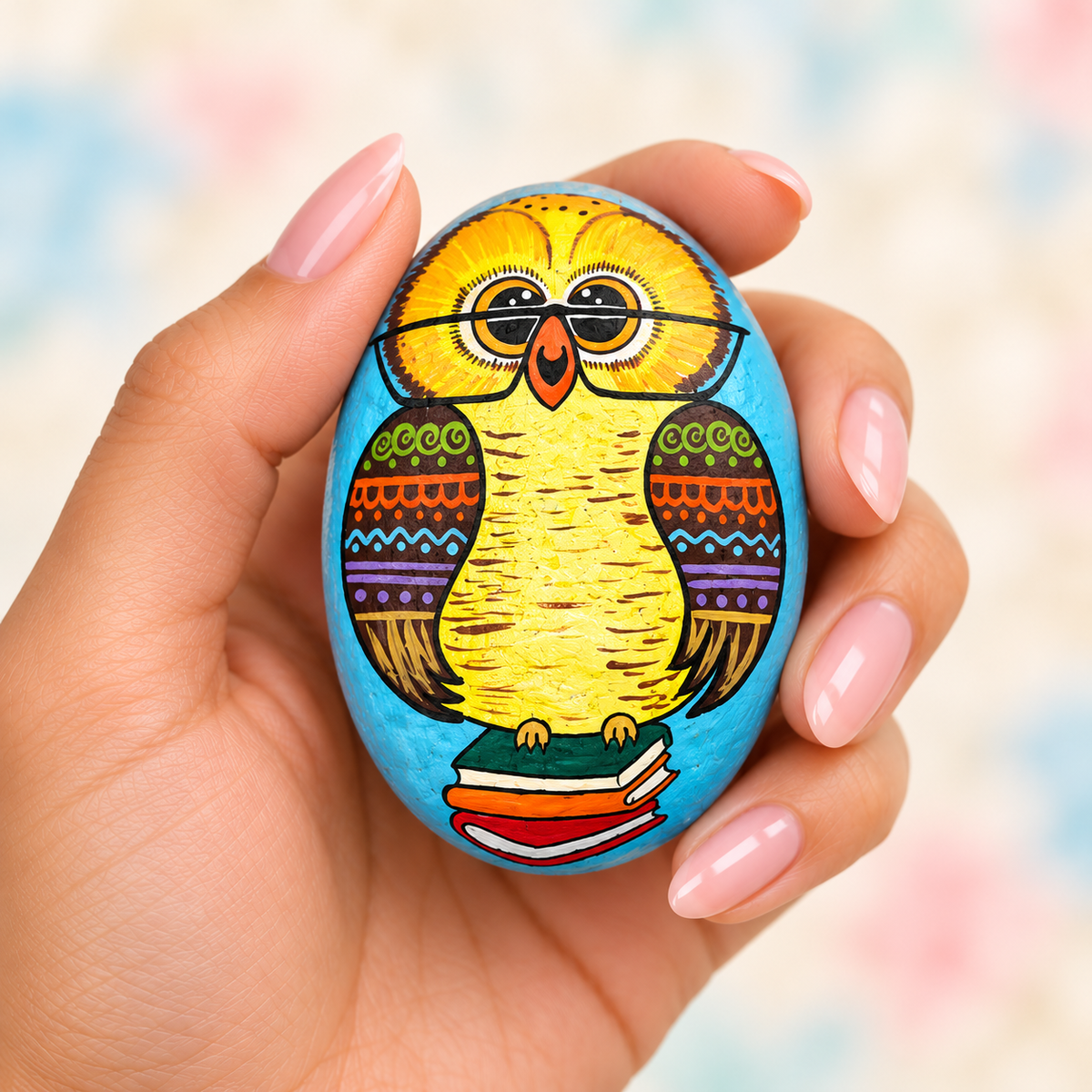 Owl and Blossoms: Desk Garden: selected hand-painted pebble held in hand
