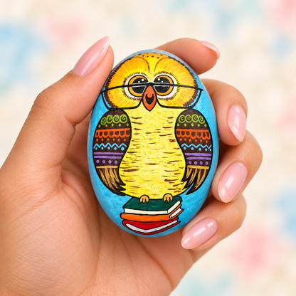 Owl and Blossoms: Desk Garden: selected hand-painted pebble held in hand