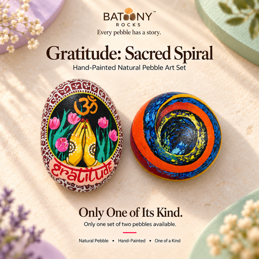 Gratitude: Sacred Spiral: hand-painted pebble art displayed as a complete product