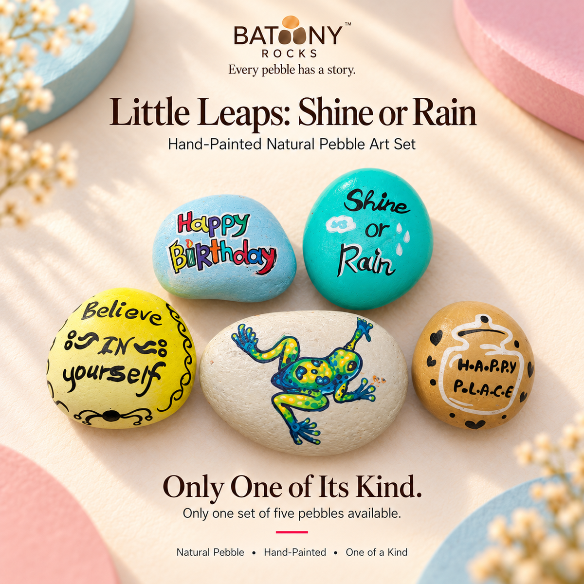 Little Leaps: Shine or Rain: hand-painted pebble art displayed as a complete product