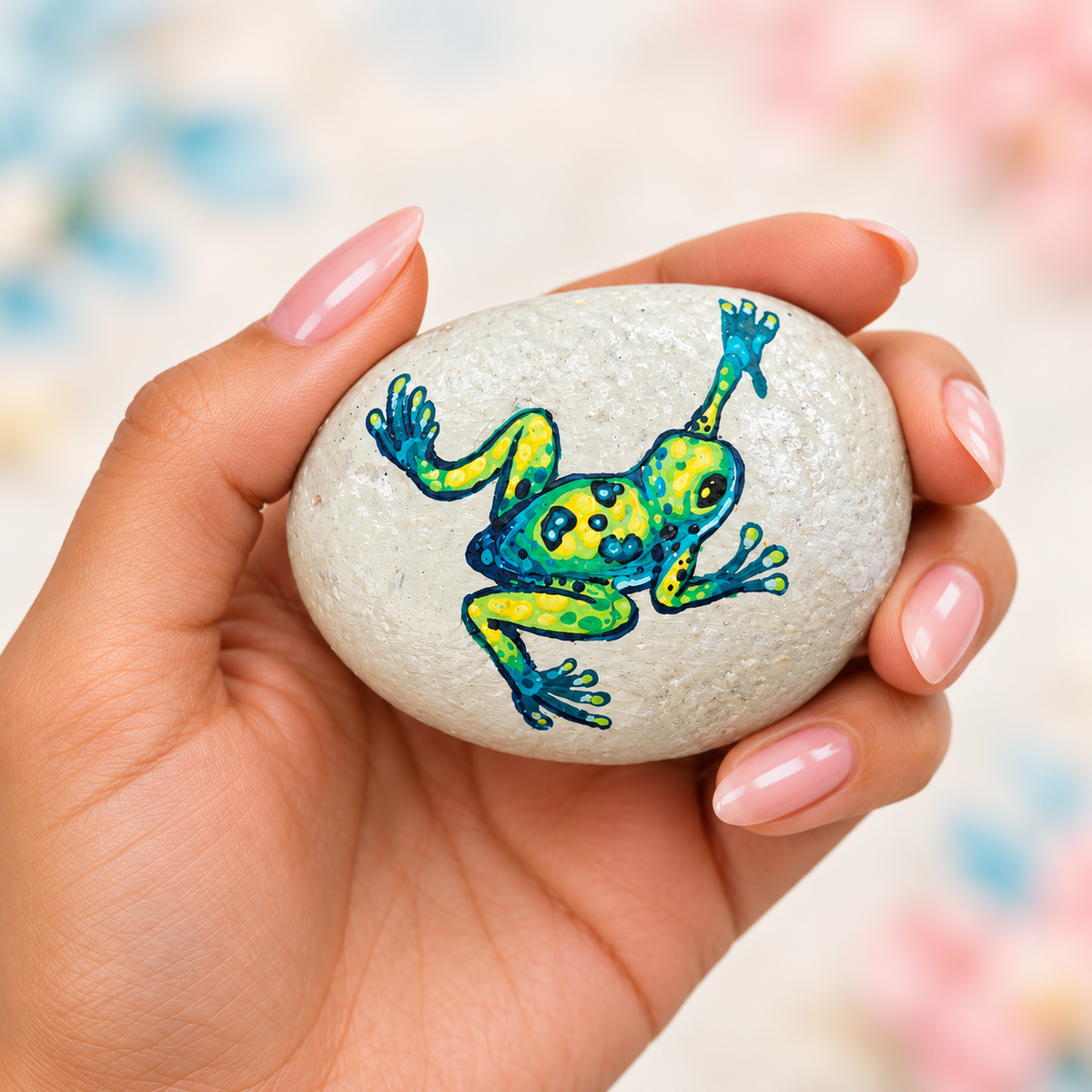 Little Leaps: Shine or Rain: selected hand-painted pebble held in hand