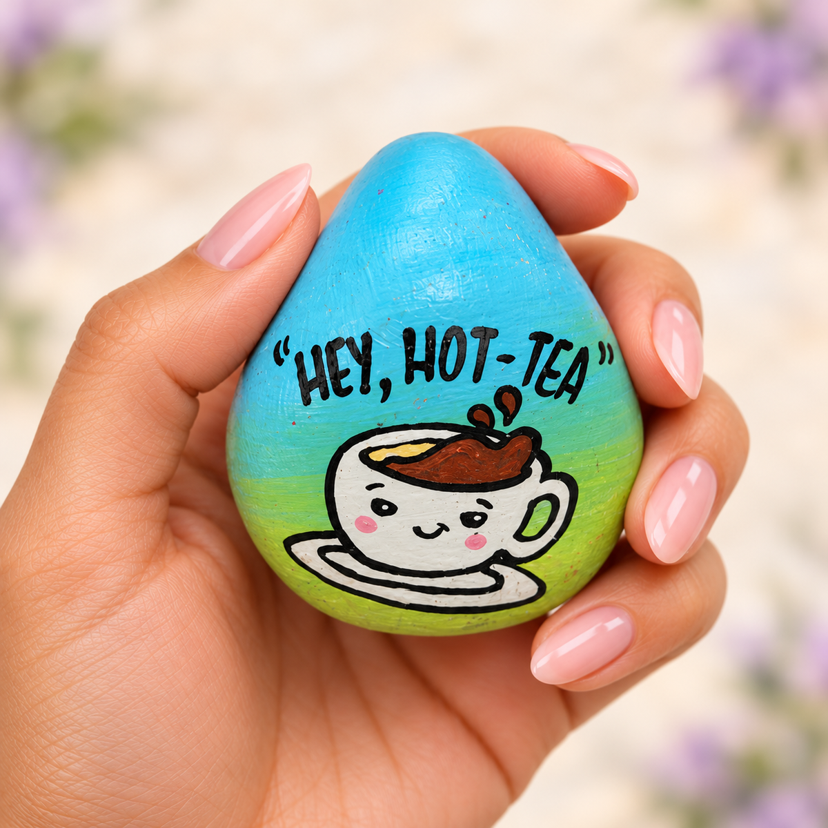 Hey Hot Tea: Happy Place: selected hand-painted pebble held in hand