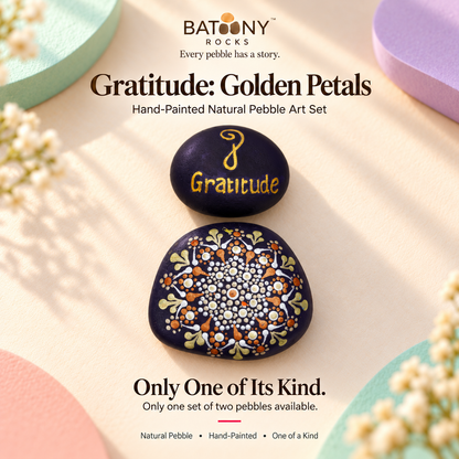 Gratitude: Golden Petals: hand-painted pebble art displayed as a complete product