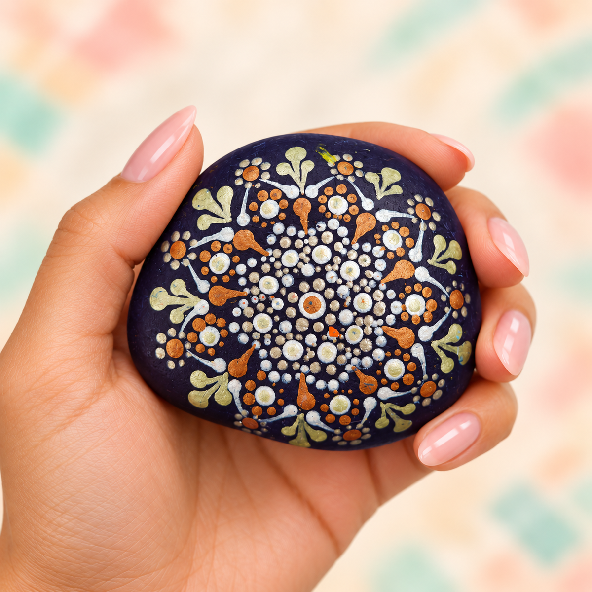 Gratitude: Golden Petals: selected hand-painted pebble held in hand
