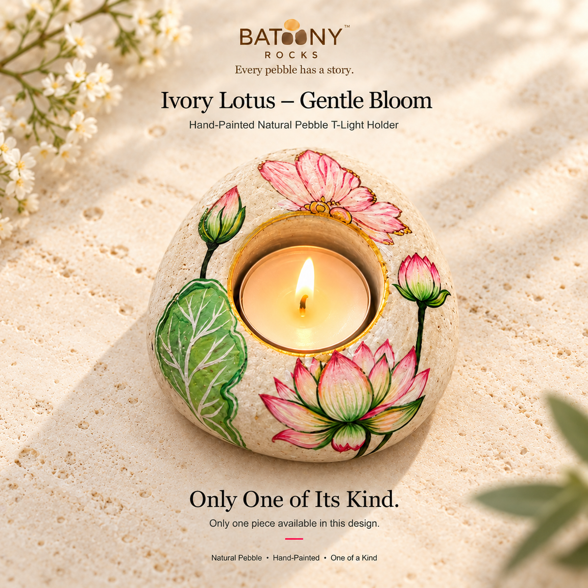 Ivory Lotus: Gentle Bloom hand-painted natural pebble tealight holder, on a warm stone surface