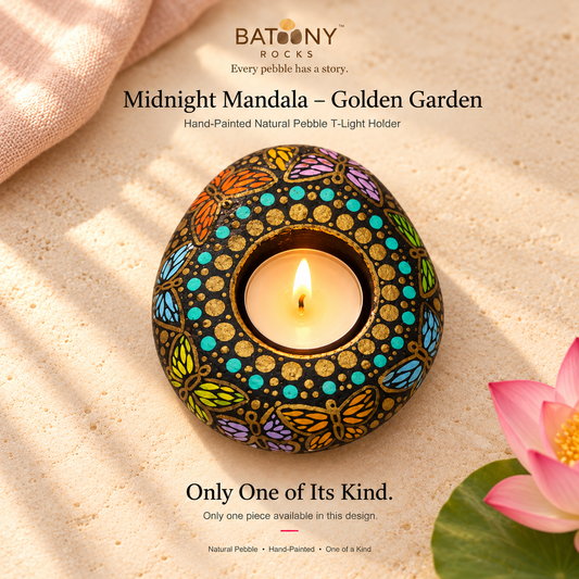 Midnight Mandala: Golden Garden hand-painted natural pebble tealight holder, on a warm stone surface