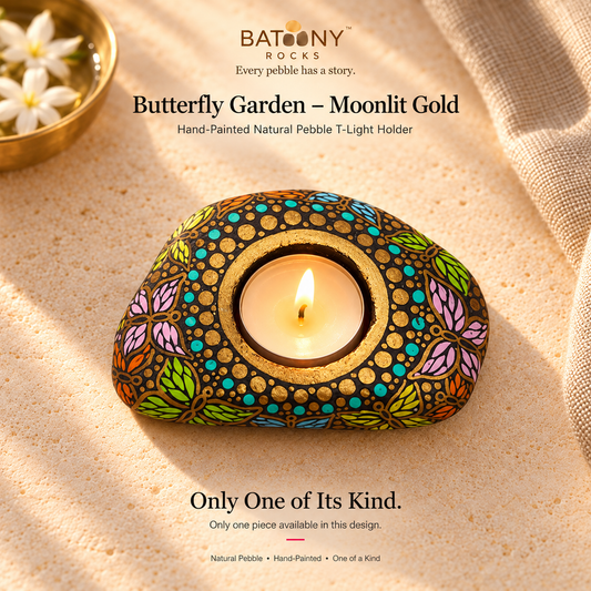 Butterfly Garden: Moonlit Gold hand-painted natural pebble tealight holder, on a warm stone surface
