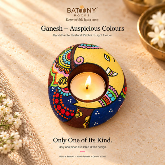Ganesh: Auspicious Colours hand-painted natural pebble tealight holder, on a warm stone surface