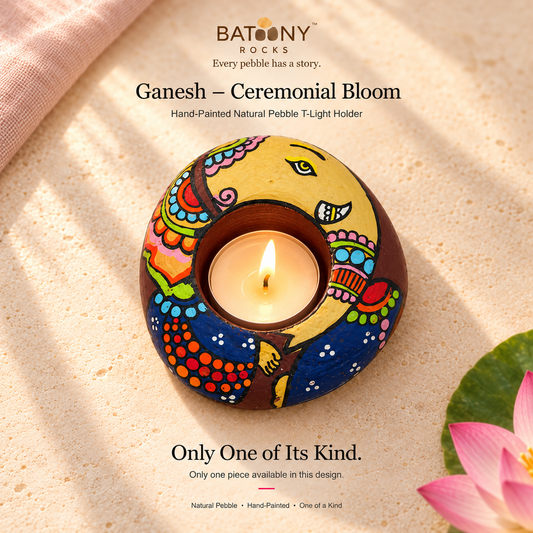 Ganesh: Ceremonial Bloom hand-painted natural pebble tealight holder, on a warm stone surface