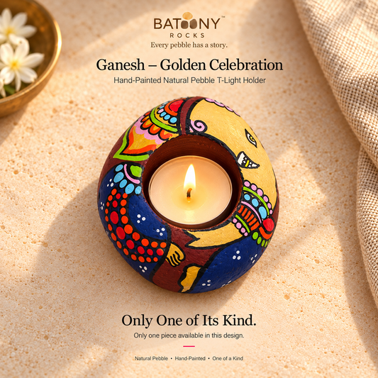 Ganesh: Golden Celebration hand-painted natural pebble tealight holder, on a warm stone surface