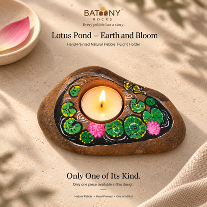 Lotus Pond: Earth and Bloom hand-painted natural pebble tealight holder, on a warm stone surface