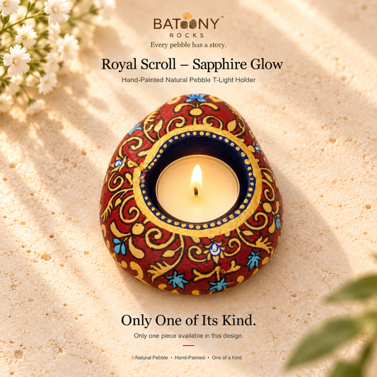 Royal Scroll: Sapphire Glow hand-painted natural pebble tealight holder, on a warm stone surface