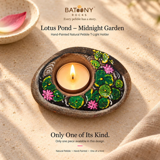 Lotus Pond: Midnight Garden hand-painted natural pebble tealight holder, on a warm stone surface