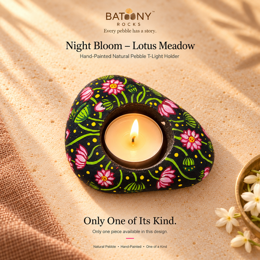 Night Bloom: Lotus Meadow hand-painted natural pebble tealight holder, on a warm stone surface