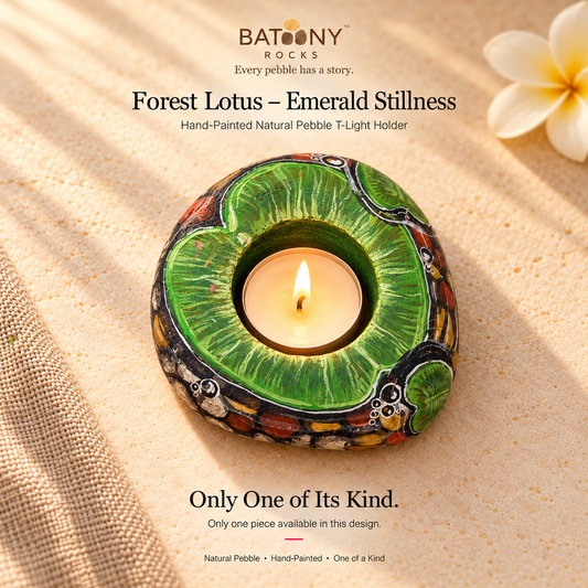 Forest Lotus: Emerald Stillness hand-painted natural pebble tealight holder, on a warm stone surface