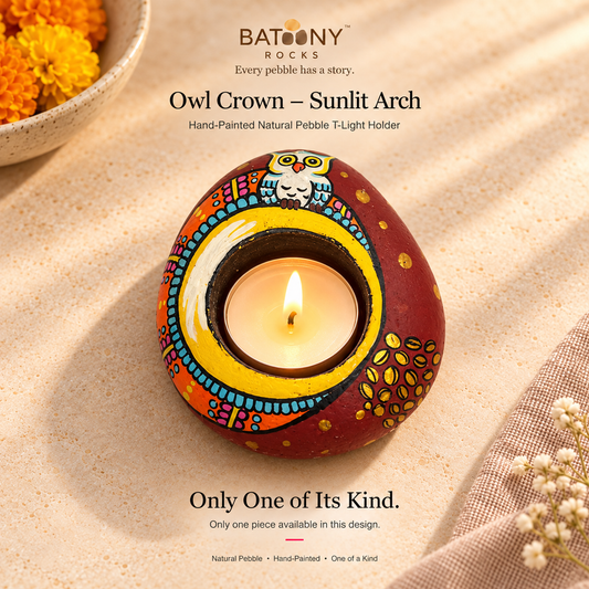 Owl Crown: Sunlit Arch hand-painted natural pebble tealight holder, on a warm stone surface
