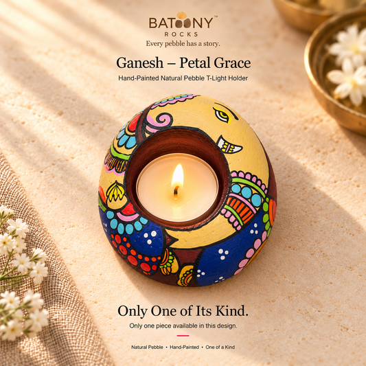 Ganesh: Petal Grace hand-painted natural pebble tealight holder, on a warm stone surface