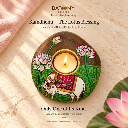 Kamdhenu: The Lotus Blessing hand-painted natural pebble tealight holder, on a warm stone surface