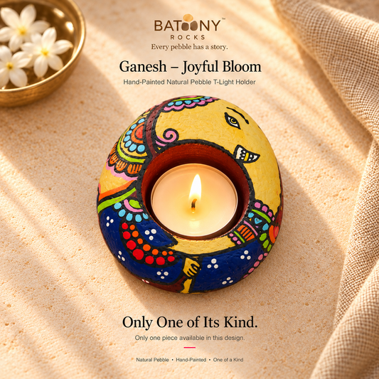 Ganesh: Joyful Bloom hand-painted natural pebble tealight holder, on a warm stone surface