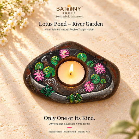 Lotus Pond: River Garden hand-painted natural pebble tealight holder, on a warm stone surface