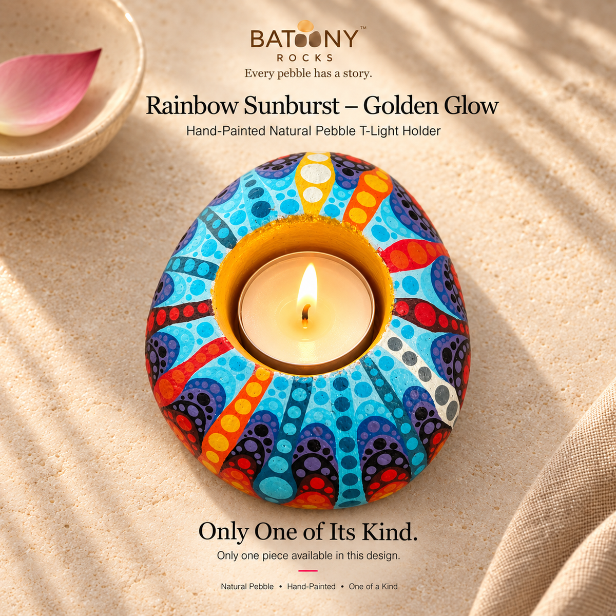 Rainbow Sunburst: Golden Glow hand-painted natural pebble tealight holder, on a warm stone surface