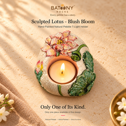 Sculpted Lotus: Blush Bloom hand-painted natural pebble tealight holder, on a warm stone surface