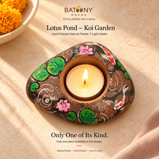 Lotus Pond: Koi Garden hand-painted natural pebble tealight holder, on a warm stone surface