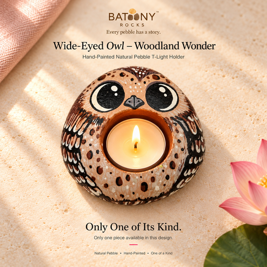 Wide-Eyed Owl: Woodland Wonder hand-painted natural pebble tealight holder, on a warm stone surface