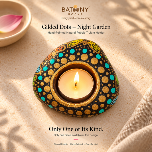 Gilded Dots: Night Garden hand-painted natural pebble tealight holder, on a warm stone surface