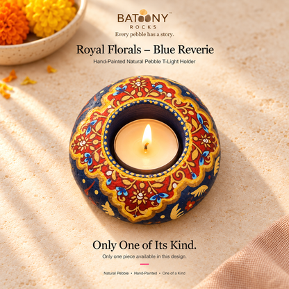 Royal Florals: Blue Reverie hand-painted natural pebble tealight holder, on a warm stone surface