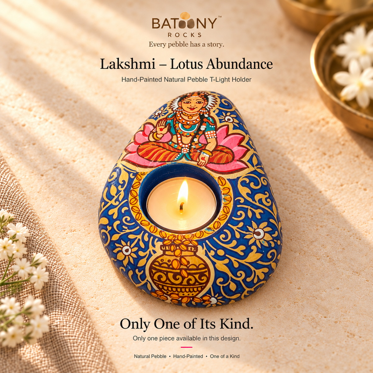 Lakshmi: Lotus Abundance hand-painted natural pebble tealight holder, on a warm stone surface